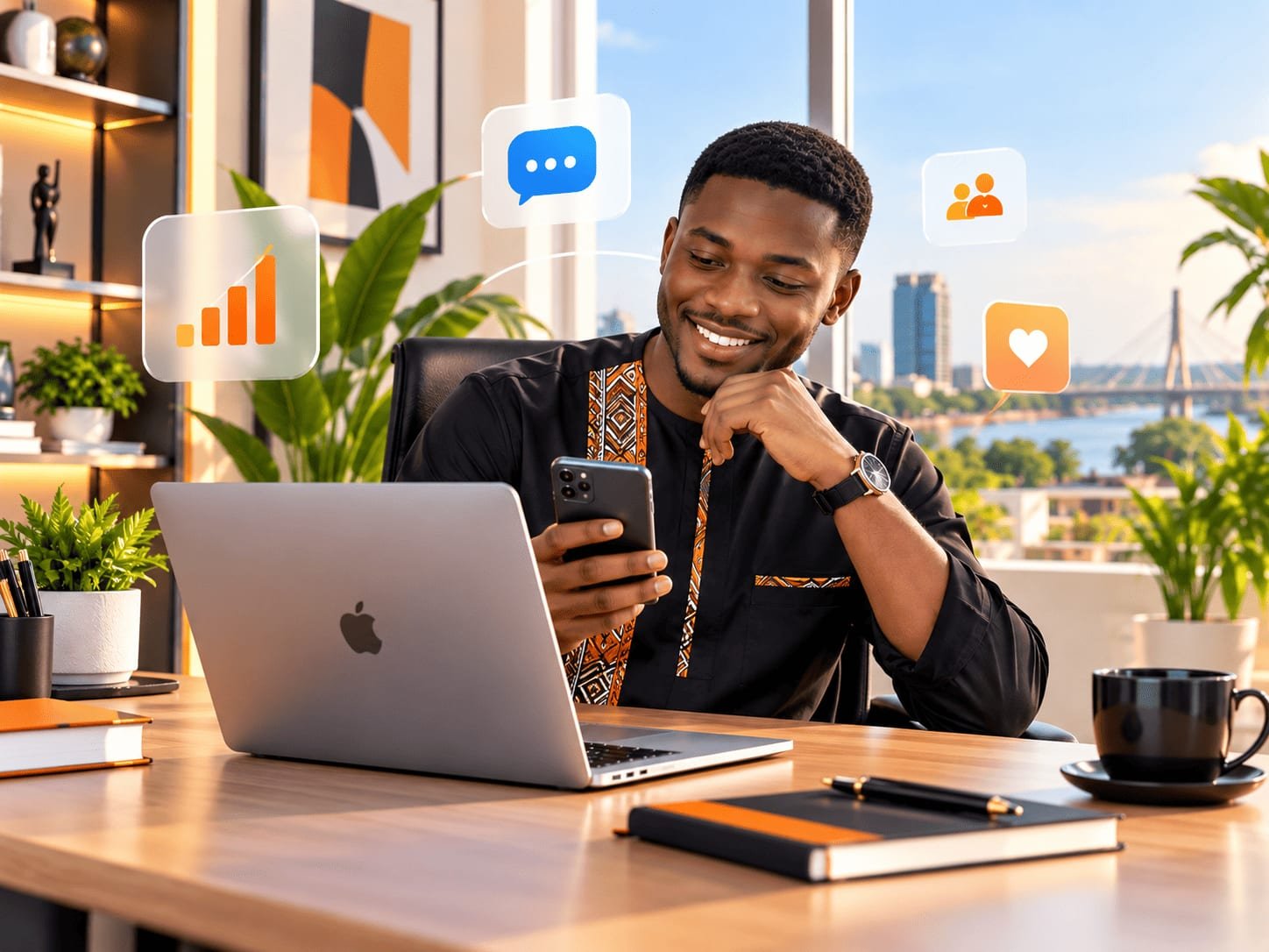 Entrepreneur ivoirien gérant sa présence en ligne depuis son ordinateur et son téléphone